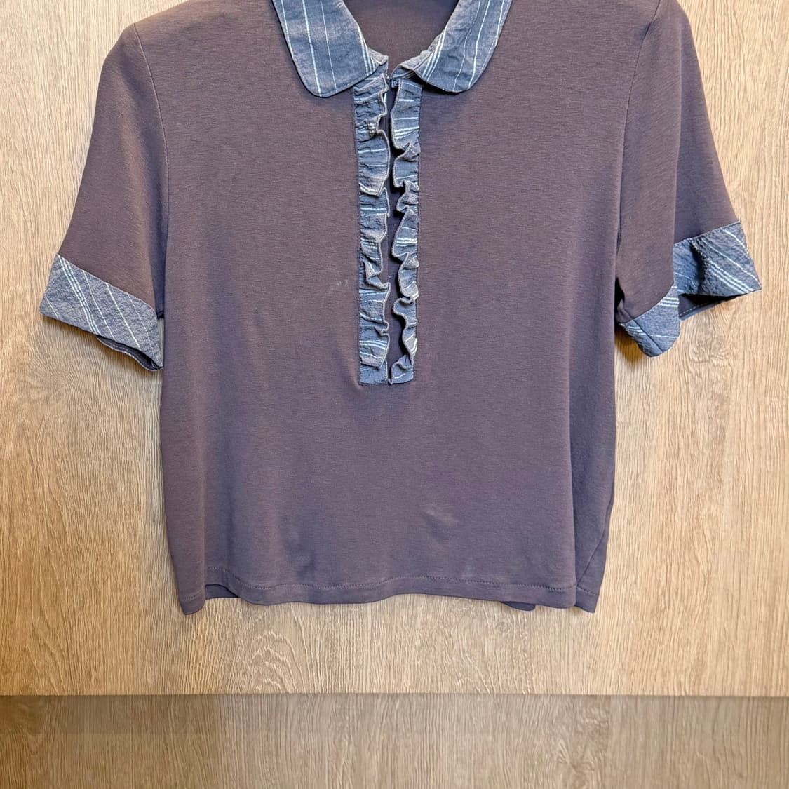 빈티지 반팔 티셔츠 스트라이프 카라 프릴 디테일 루즈핏 브라운 상품이미지8