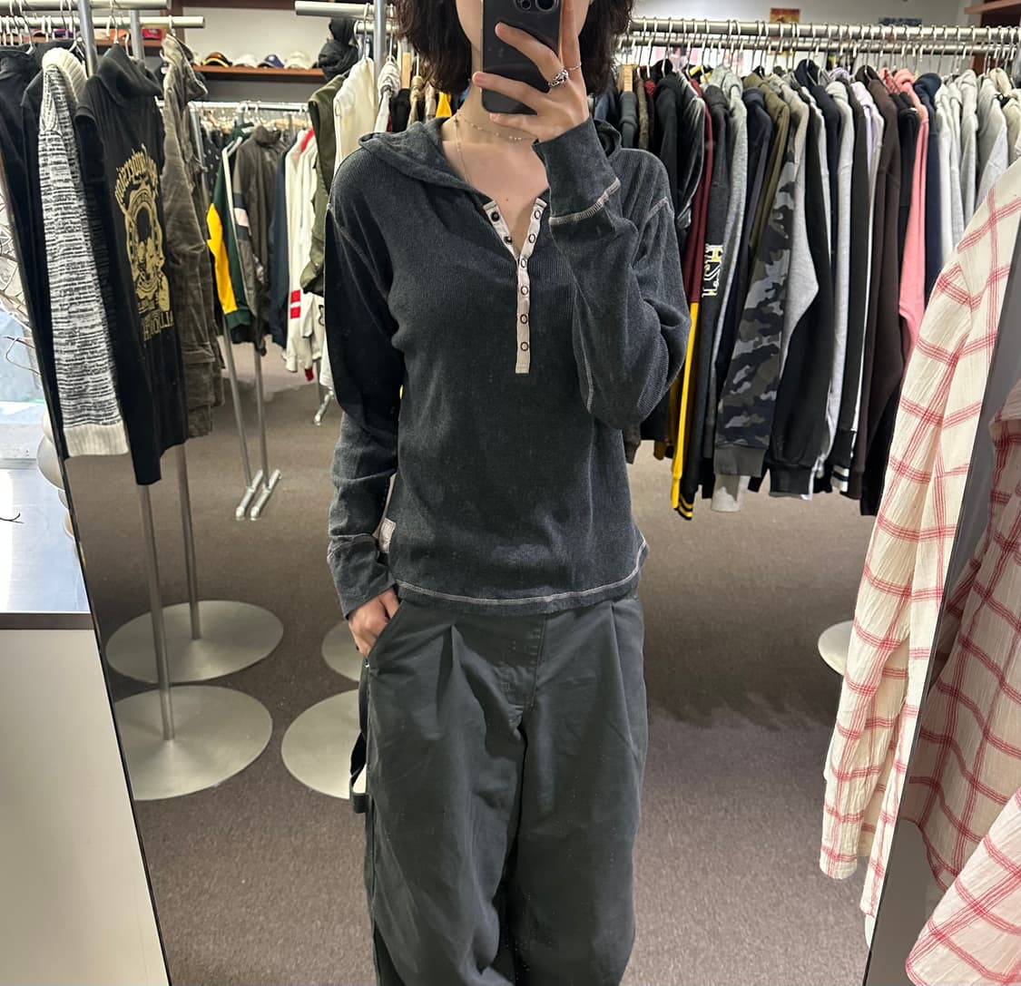 XL)Japanese vintage 여성 스냅 버튼 그레이 후디 상품이미지1