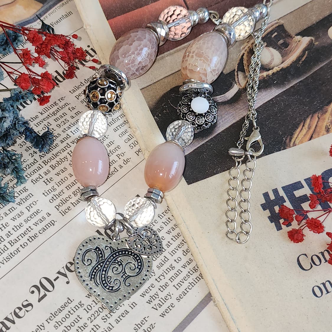 90s 프랑스 빈티지 에스닉 피치 원석 하트참 레이어드 목걸이 상품이미지2