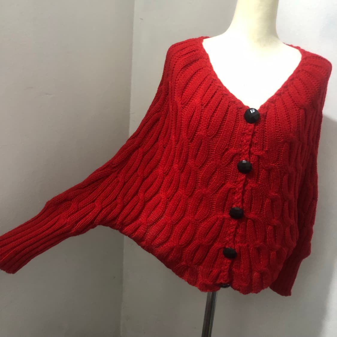 빈티지 papaya 레드 가오리 핏 꽈배기 니트 가디건 상품이미지2