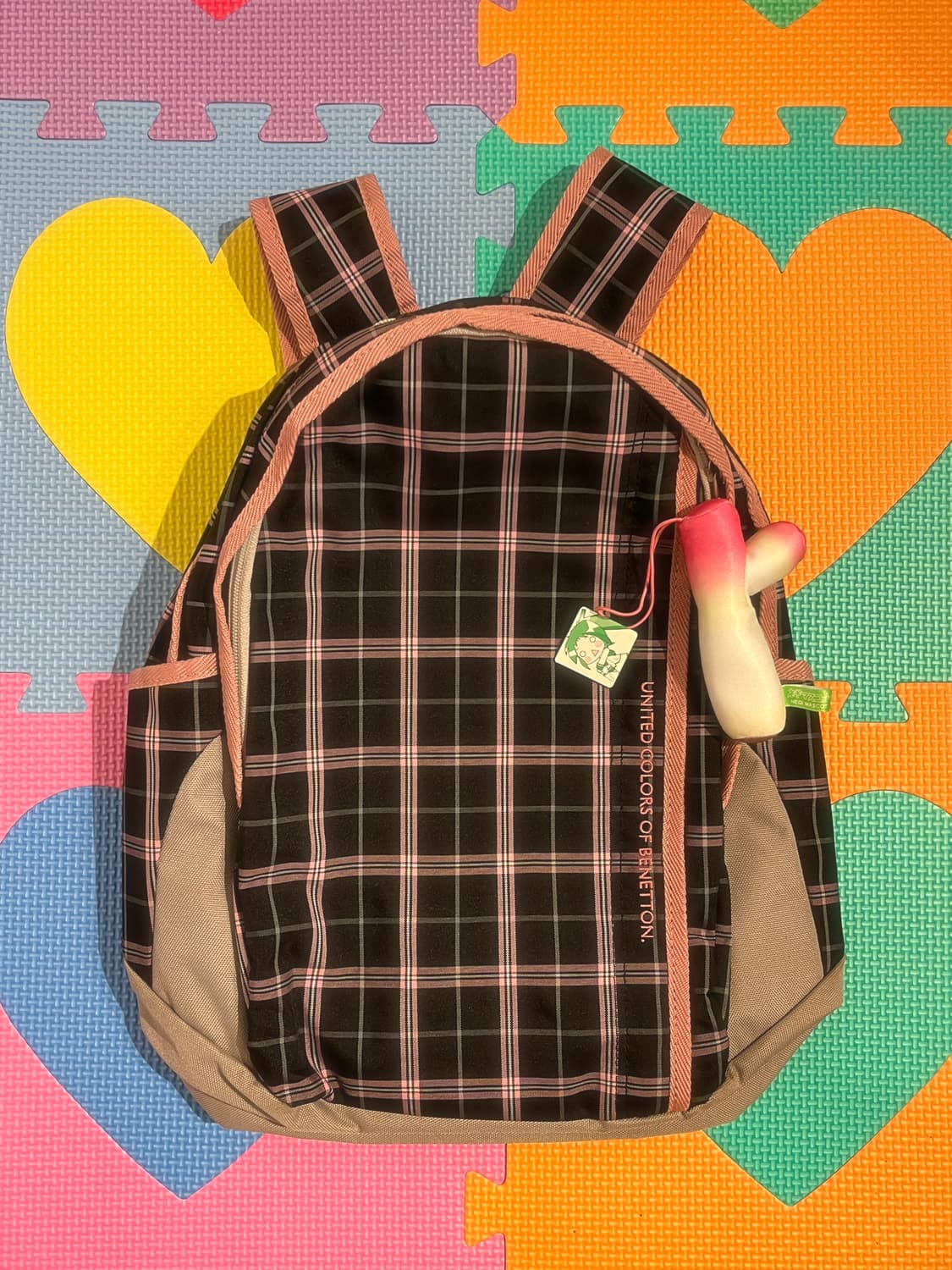 베네통 블랙 핑크 체크 백팩 🎀 상품이미지3