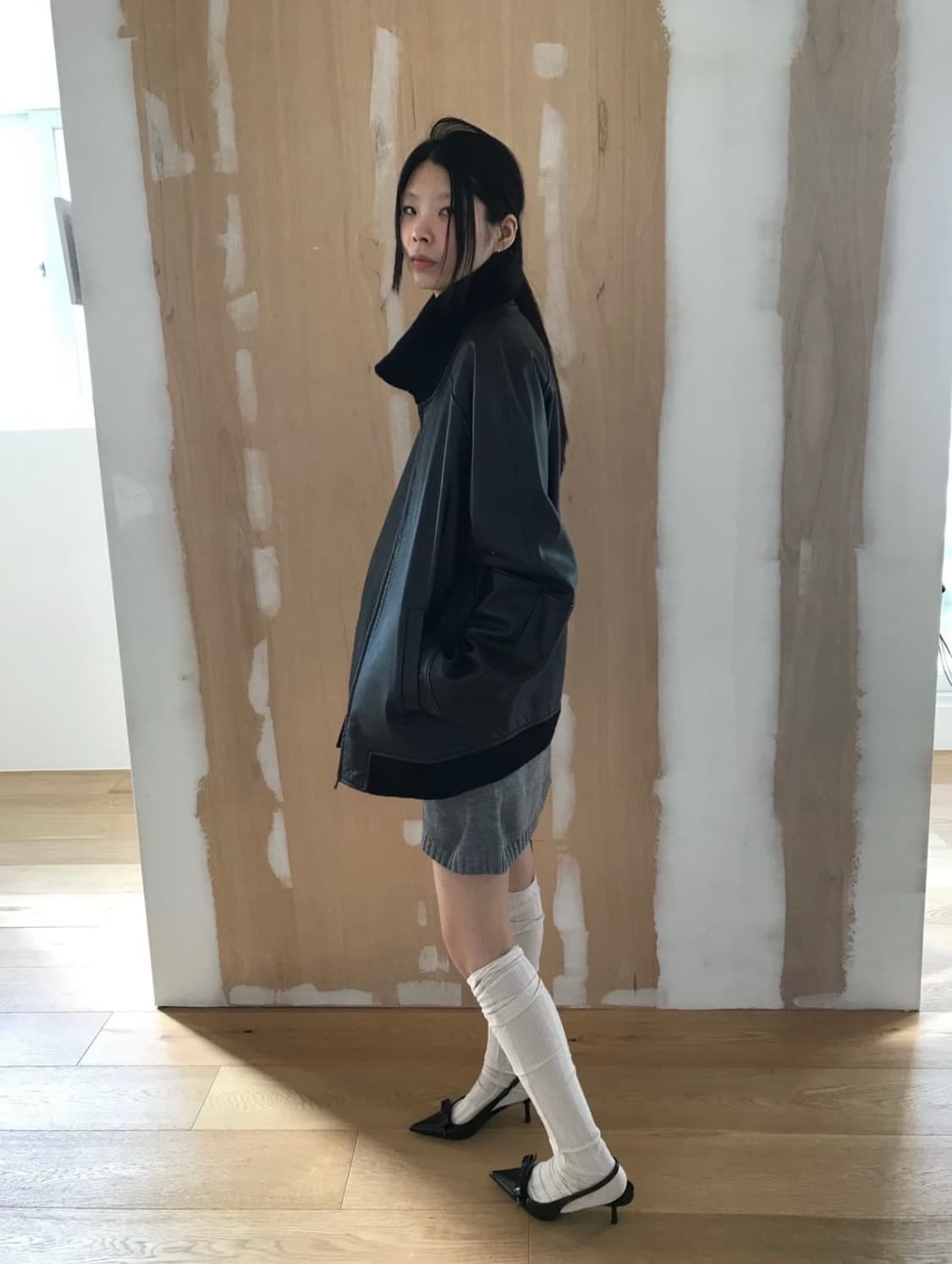 빈티지 하이넥 짚 레더 자켓 상품이미지4