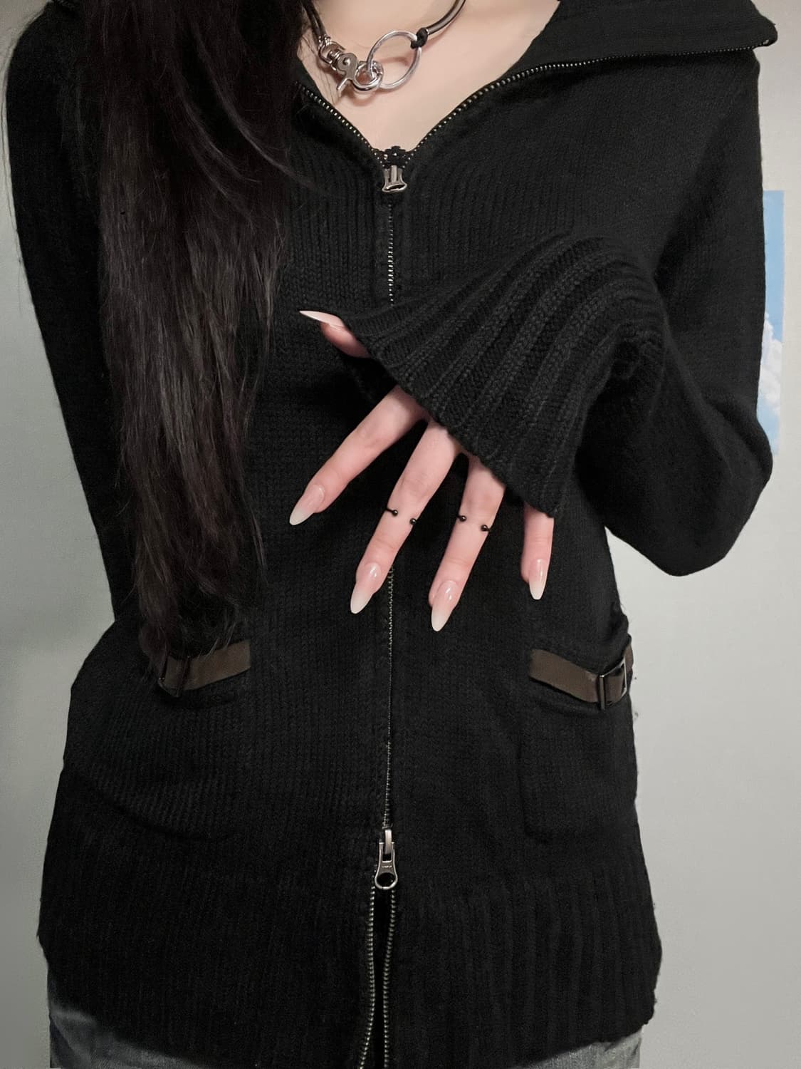 y2k 펑크 블랙 버클 니트 투웨이 집업 상품이미지6