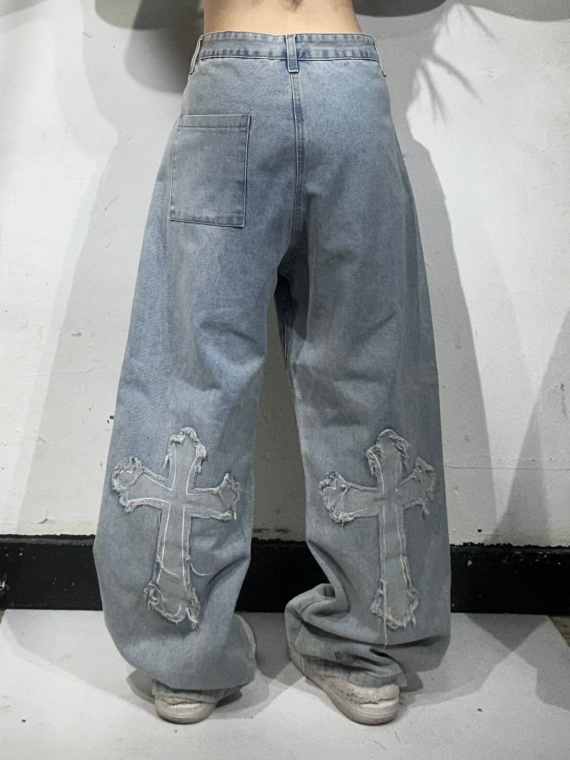 일본 빈티지 연청 십자가 자수 디테일 와이드 데님 팬츠 청바지 XL 상품이미지3
