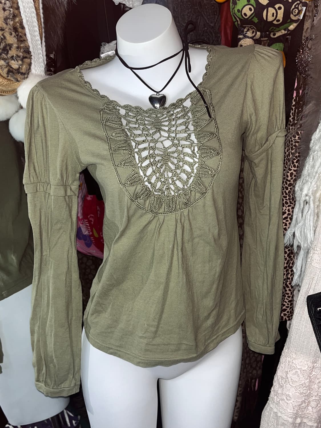 y2k 모리 퍼프 카키 레이스 니트 긴팔 상품이미지1