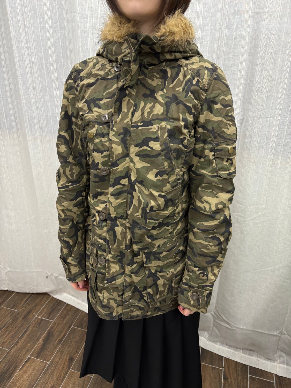 빈티지 퍼 트리밍 카모플라쥬 후드 야상 자켓 상품이미지3