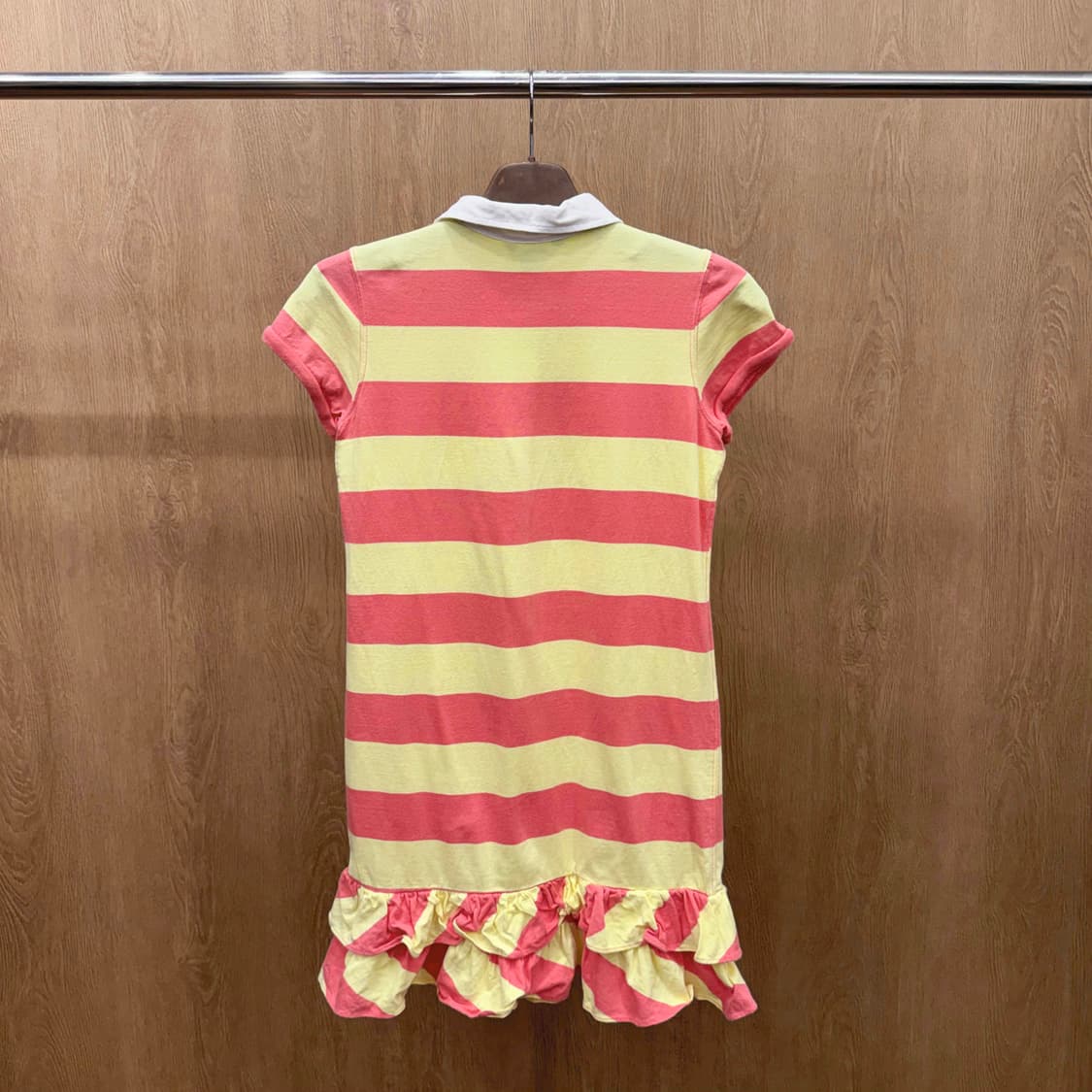 랄프로렌 스트라이프 카라 프릴 미니 원피스 슬림핏 옐로우 핑크 상품이미지3