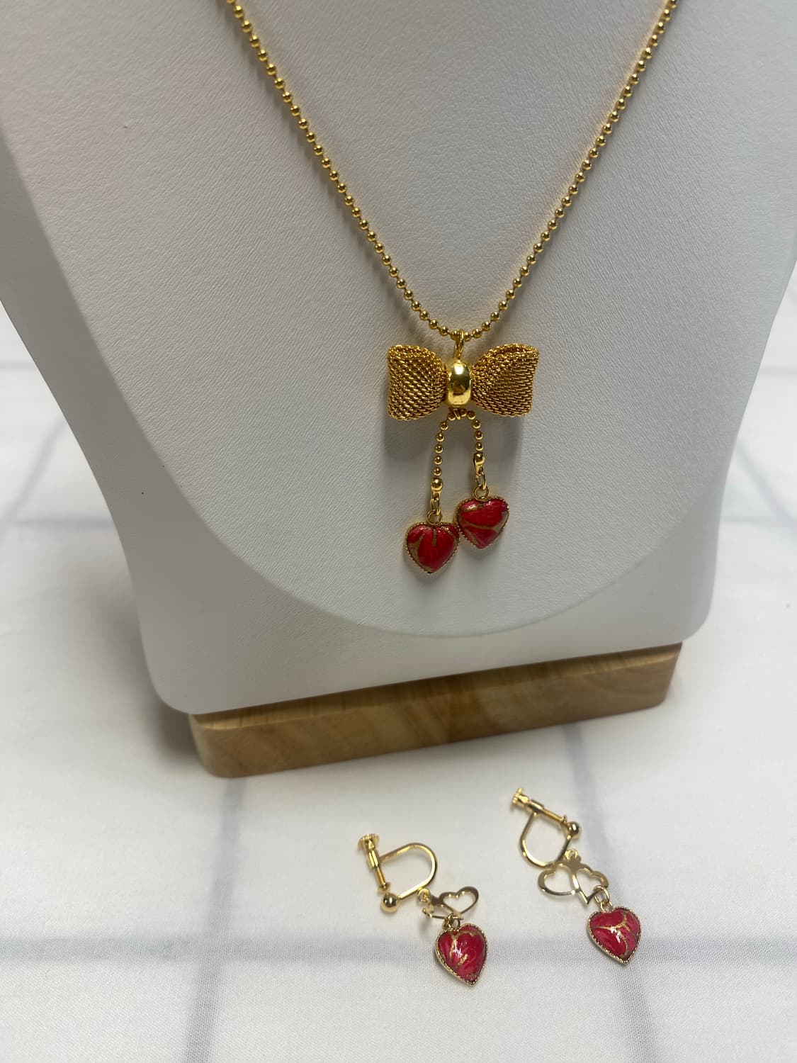 골드 레드 하트 목걸이 귀걸이 세트 일본 빈티지 상품이미지2