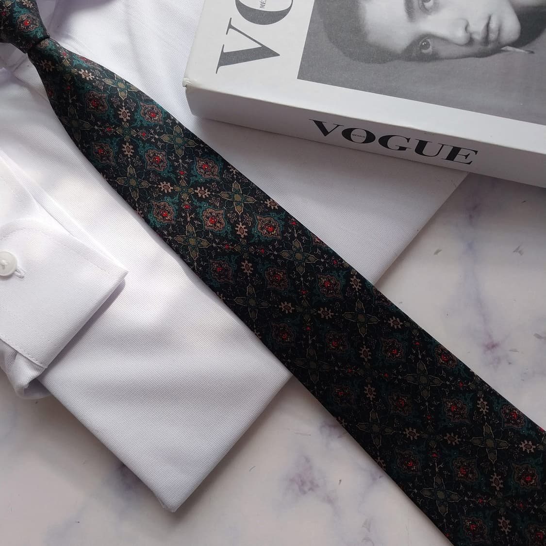 니나리치 블랙 그린 패턴 넥타이 8.2cm S~A+등급 K2441 상품이미지5
