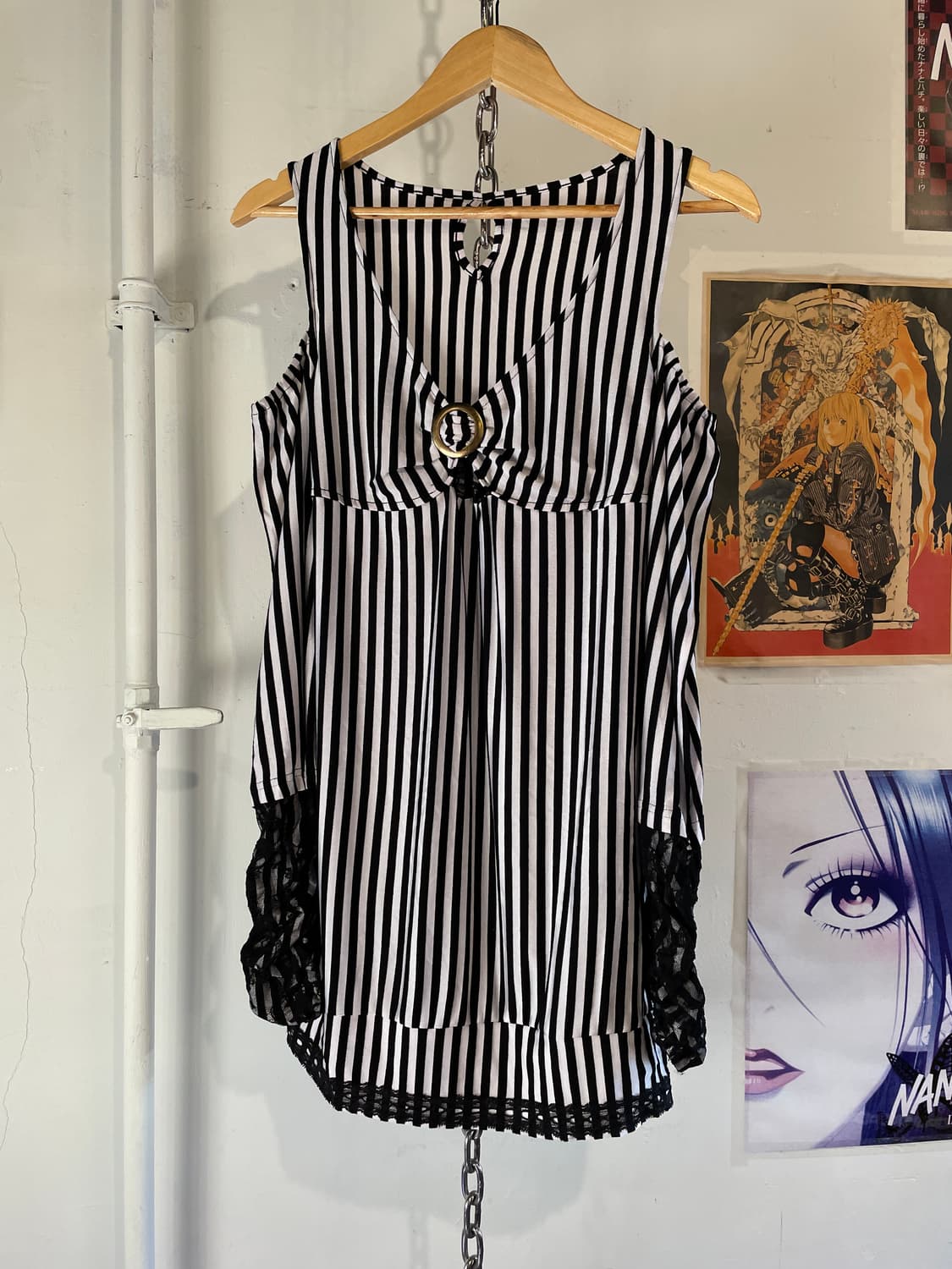 블랙 화이트 스트라이프 패턴 레이스 셔링 원피스 갸루 상품이미지4