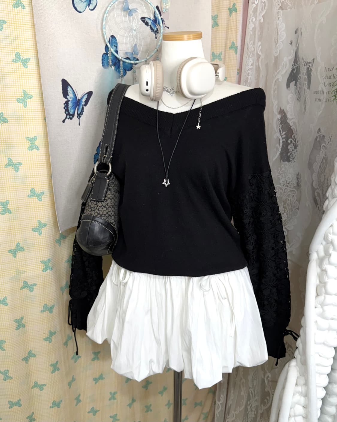 블랙 레이스 오프숄더 니트 상품이미지7