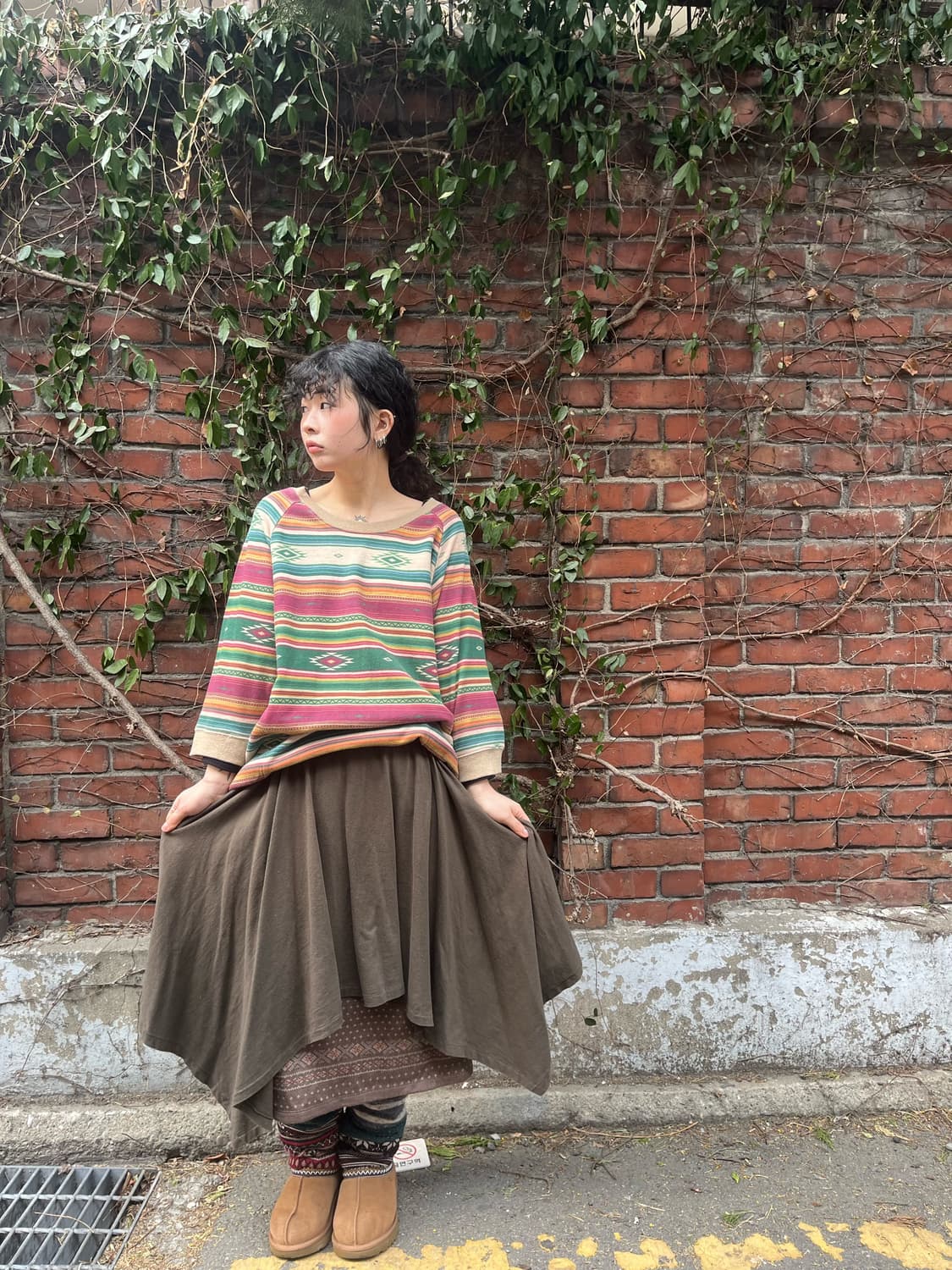 카키 레이어드 언발 스커트 상품이미지1