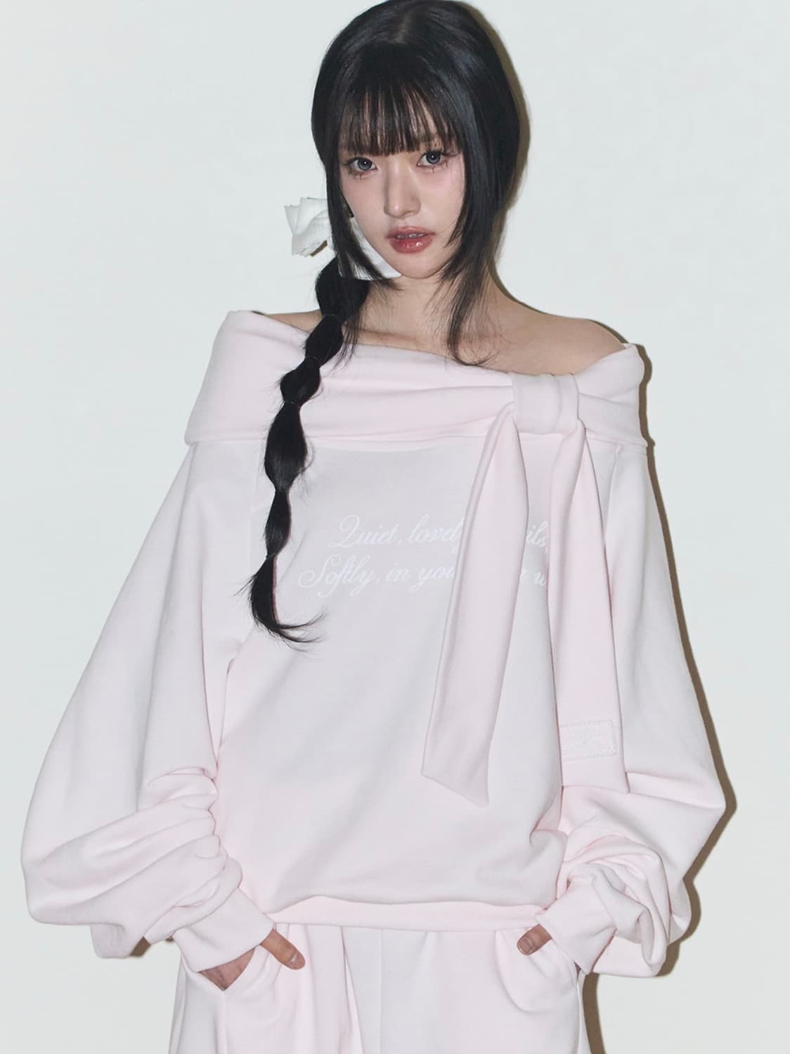 일리고 퓨어 보우 오프숄더 맨투맨 핑크 상품이미지4
