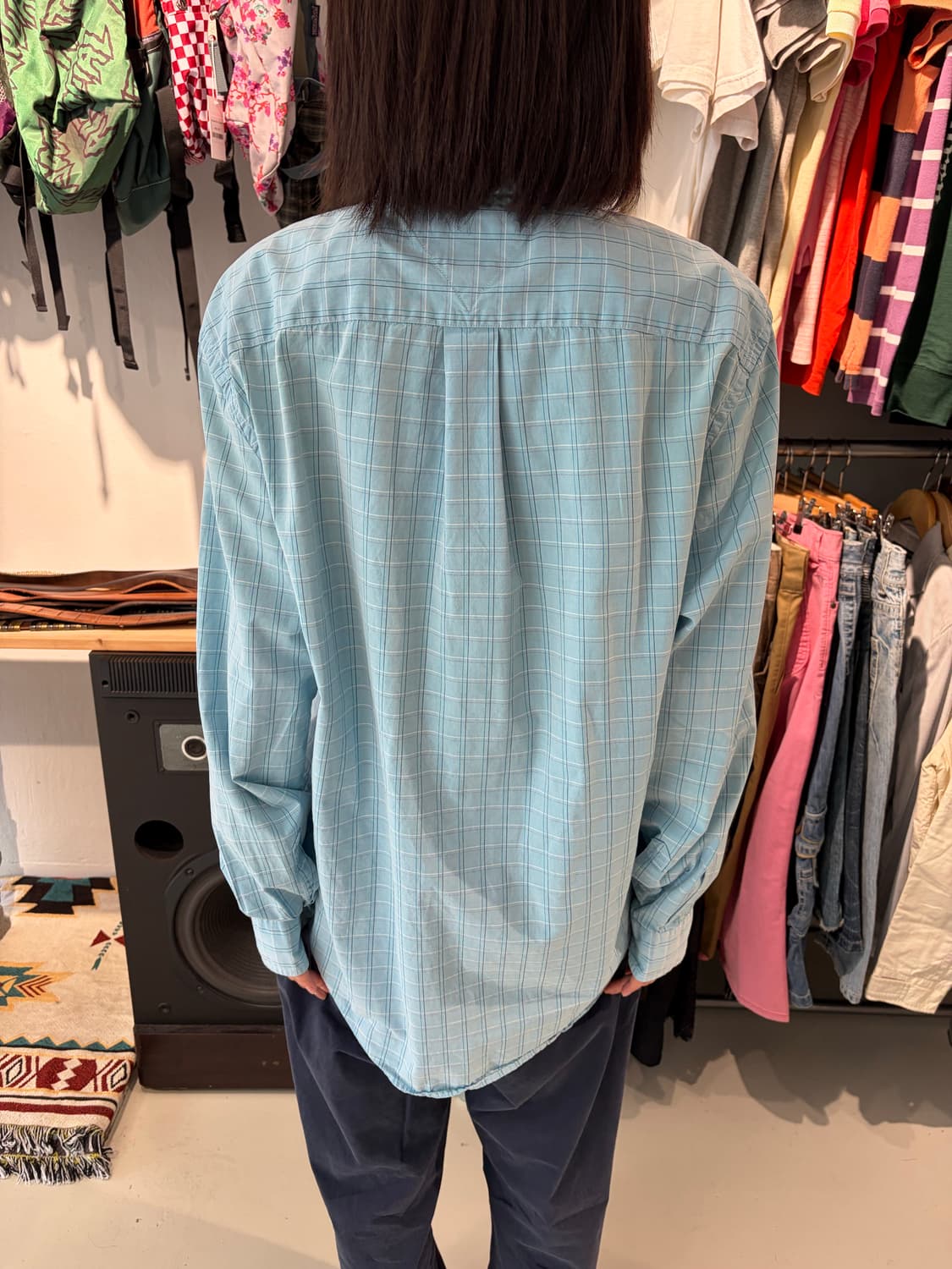 TOMMY HILFIGER 80's 2PLY 스카이블루 체크 셔츠 L 상품이미지4