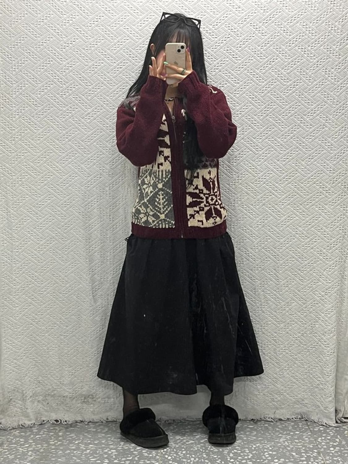 챔스 스노우 플레이크 버건디 니트 집업 가디건 L C06648 상품이미지2