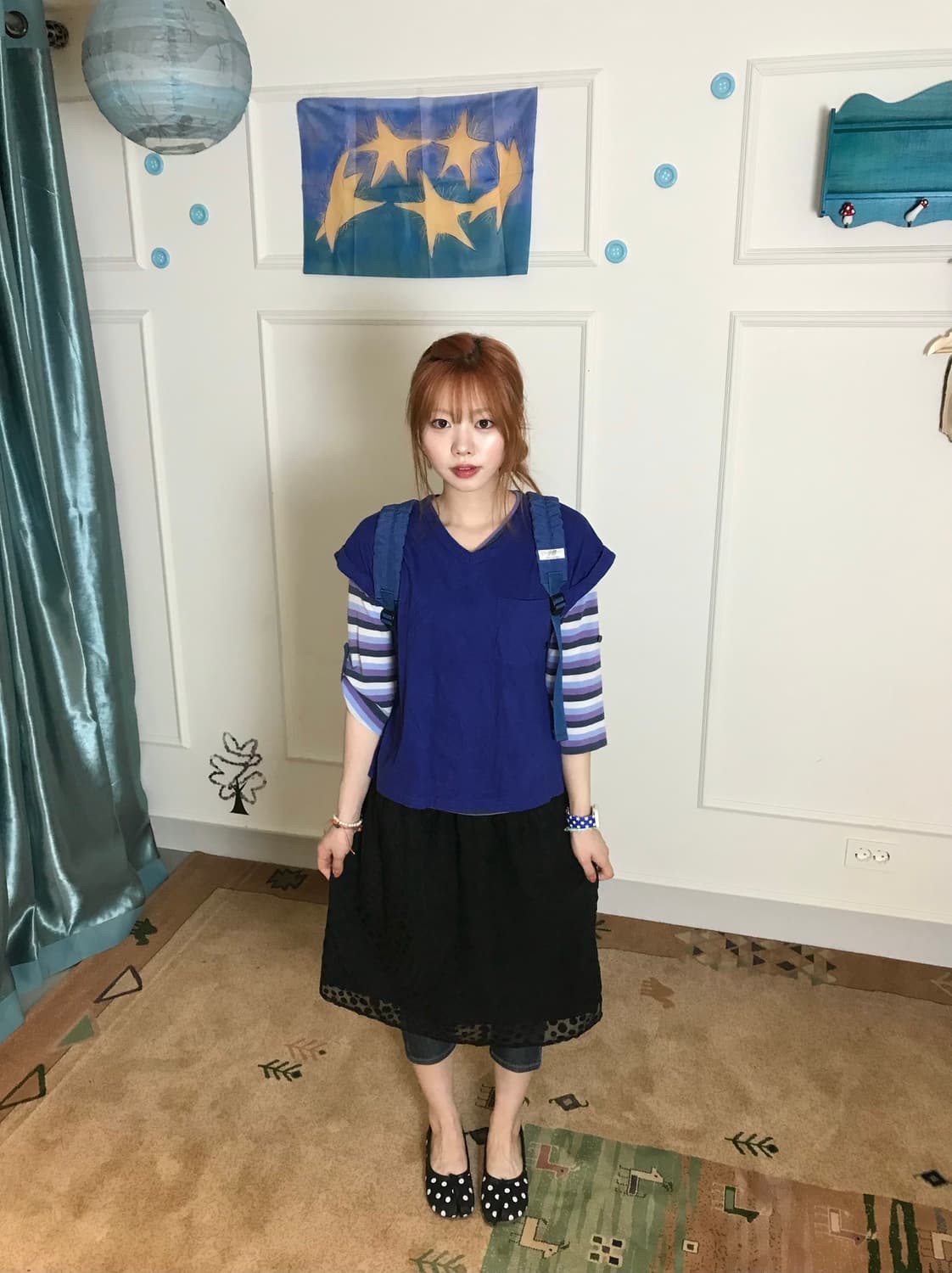 스트라이프 상의+시스루 도트 스커트와 귀여운 7부 팬츠에 조합👖🖤 상품이미지3