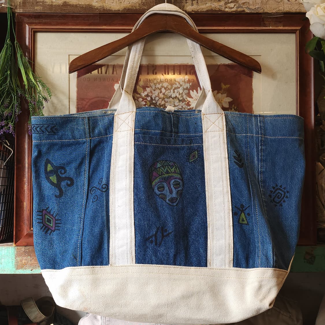 핸드 드로잉 빅토트 캔버스 데님 토트백 빈티지 더플백 리메이크 아프리카 상품이미지5