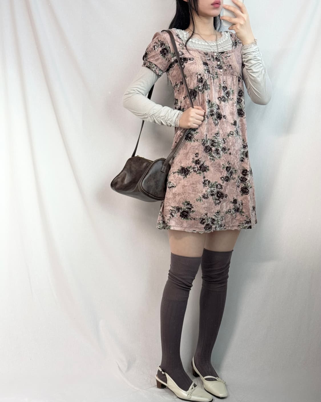 벨벳 플라워 패턴 퍼프 슬리브 원피스 상품이미지5