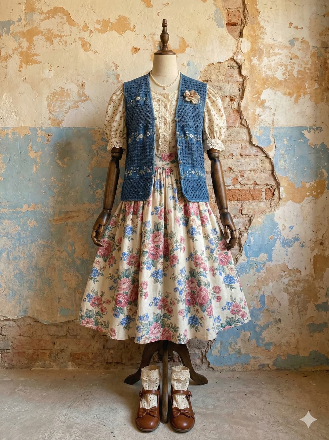 핸드메이드 우븐 데님 자수 베스트 상품이미지2