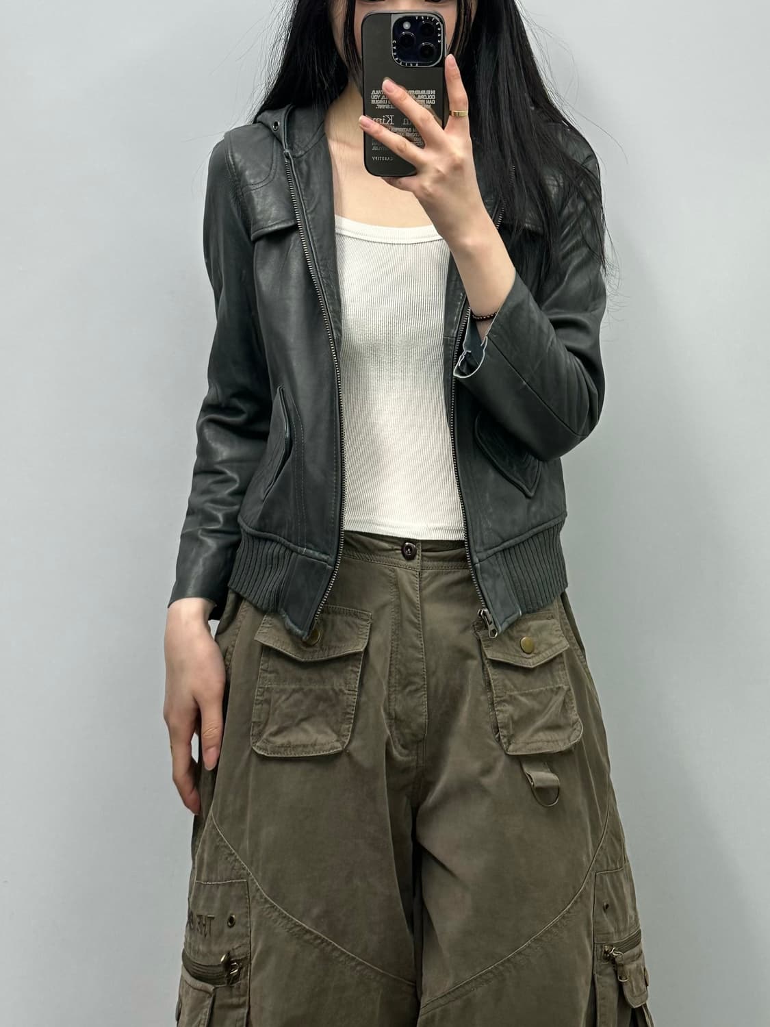 Vintage 카키 양가죽 레더 후드 자켓 상품이미지2