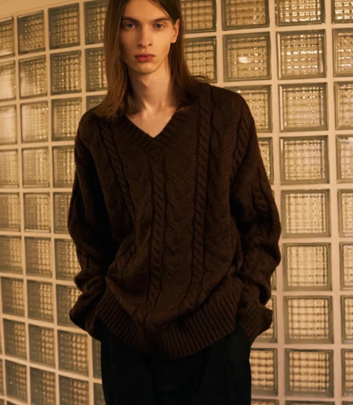 드로우핏 브이넥 헤어리 니트 M 브라운 상품이미지1