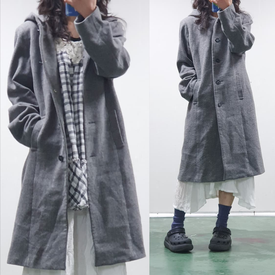 울 100 후드 롱코트 그레이 상품이미지4