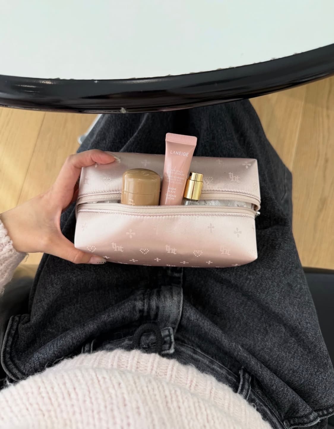 Threetimes 쓰리타임즈 자카드 파우치 핑크 상품이미지1