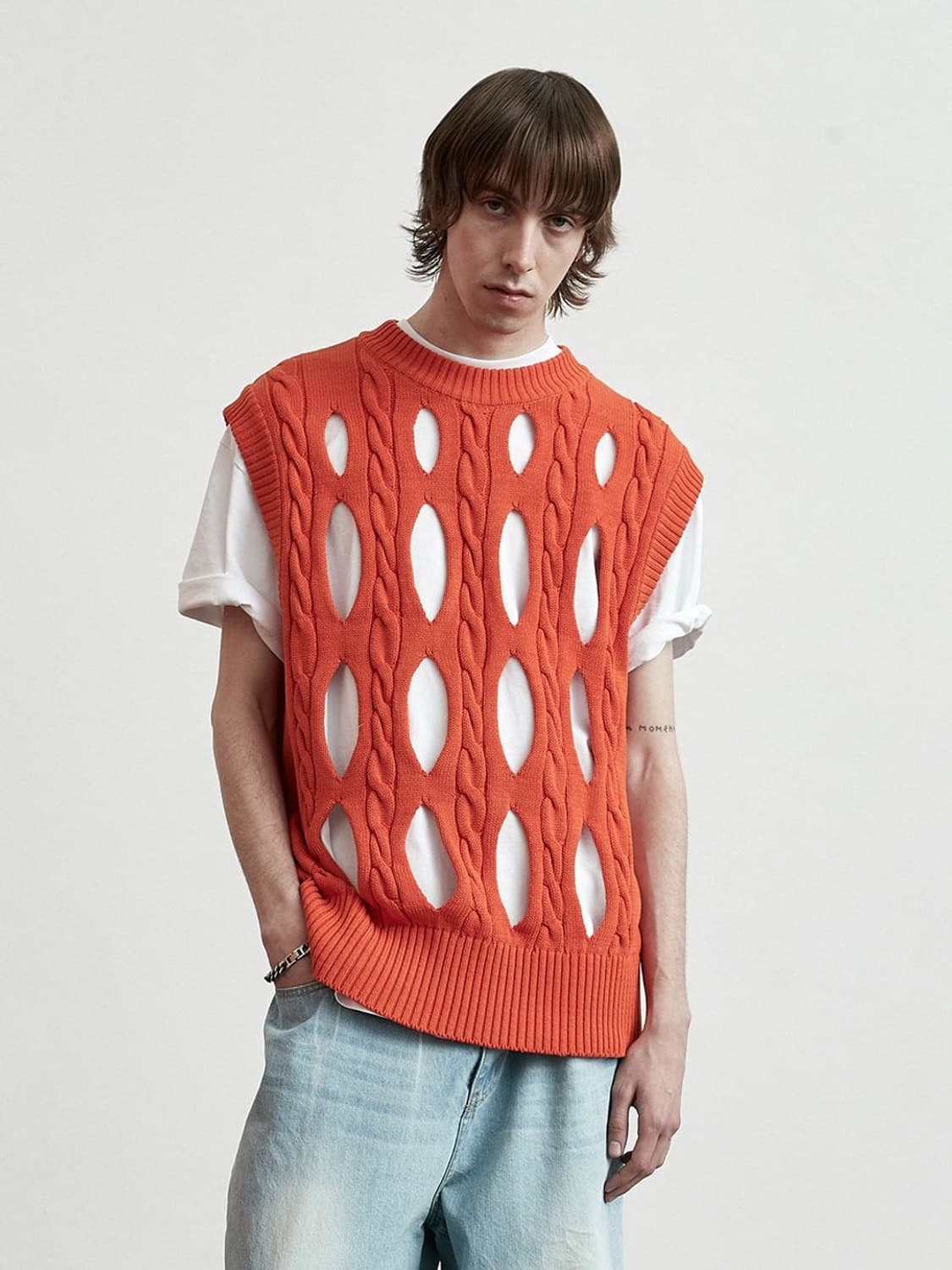 IEY 오렌지 케이블 니트 상품이미지1