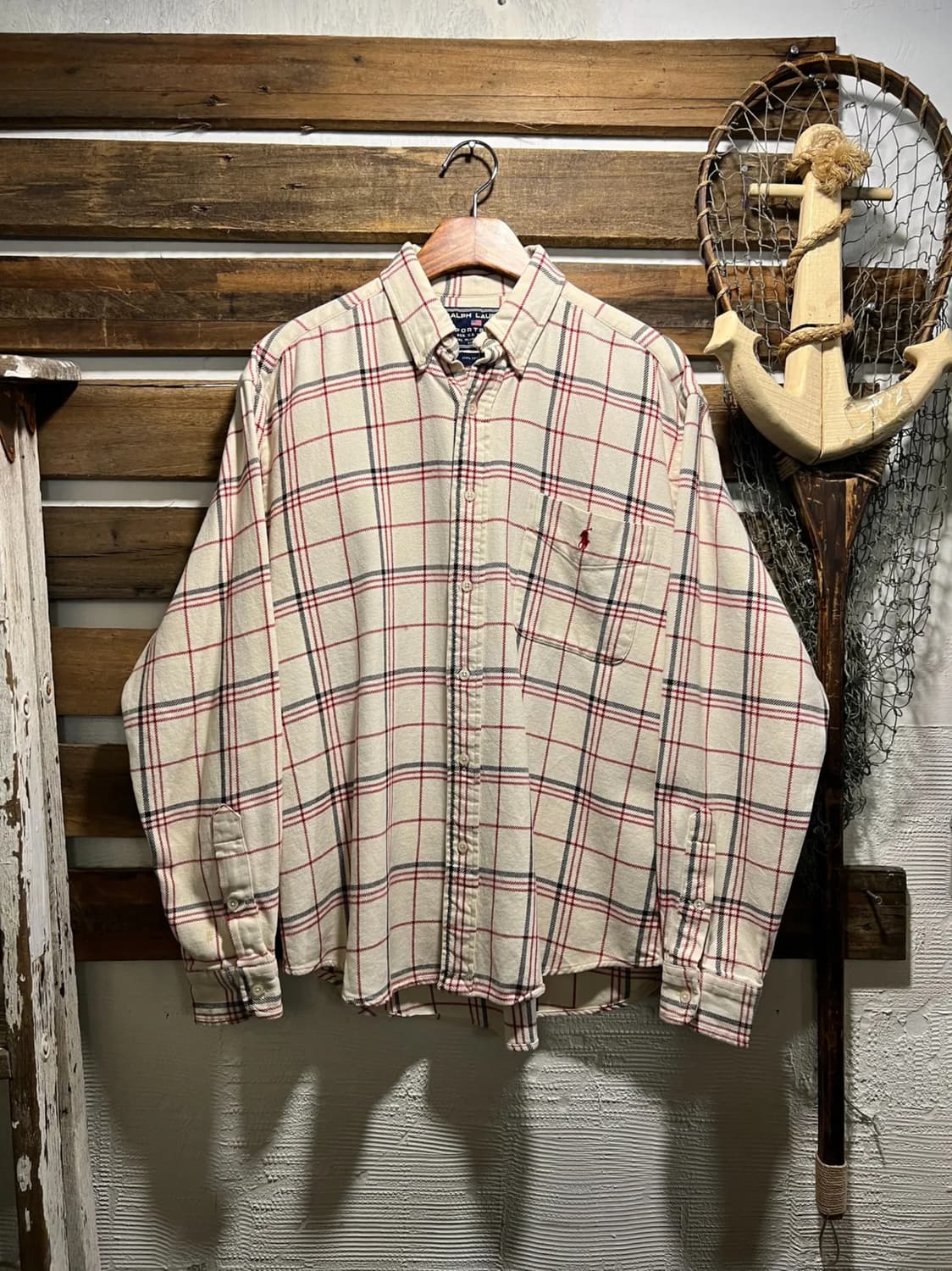 [M]90's 폴로 랄프로렌 스포츠 화이트 체크 플란넬 셔츠 상품이미지1
