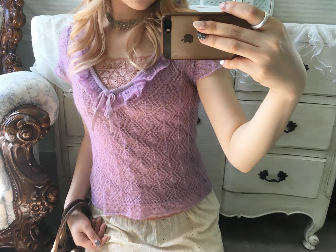 Set)연보라 모헤어 프릴 니트 + 핑크레이스 나시 상품이미지4