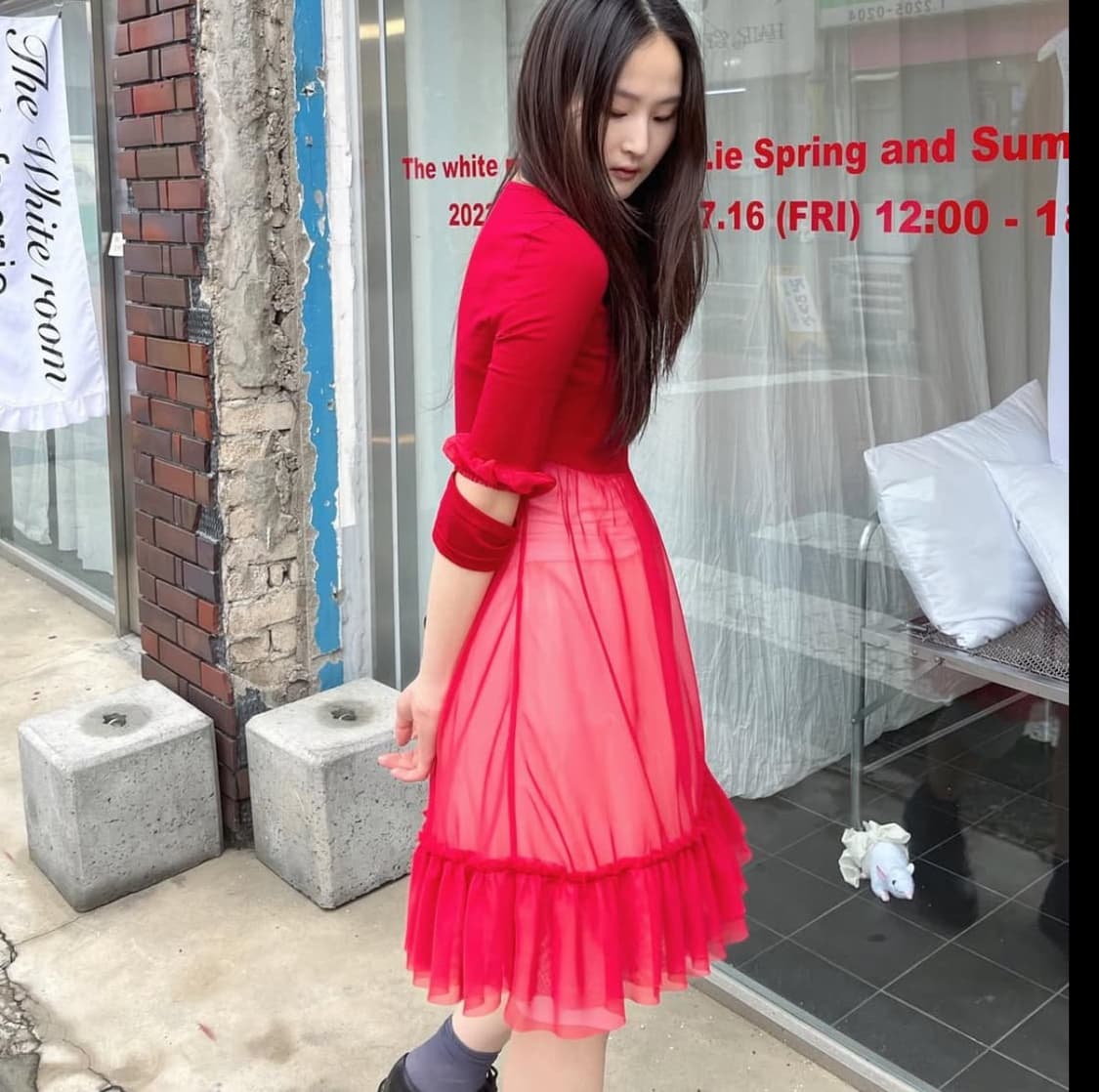 샵페어리 쉬폰 러플 미디 드레스 (red) 상품이미지3