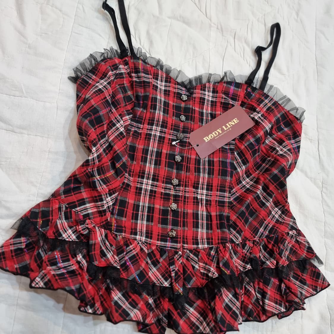 BODY LINE 레드 체크 프릴 코르셋 탑 상품이미지3