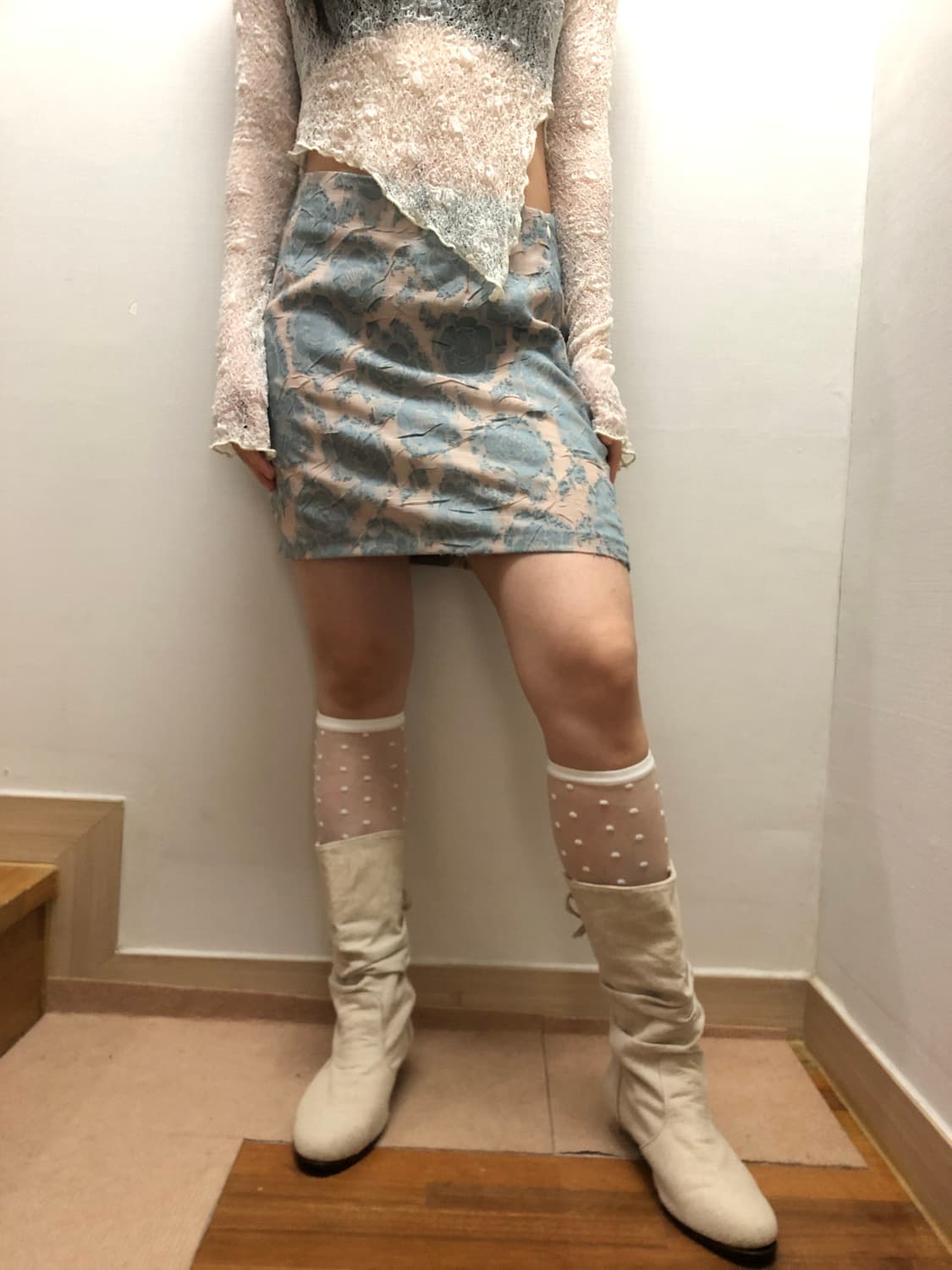 빈티지 라이트 블루 플라워 미니 스커트 상품이미지5