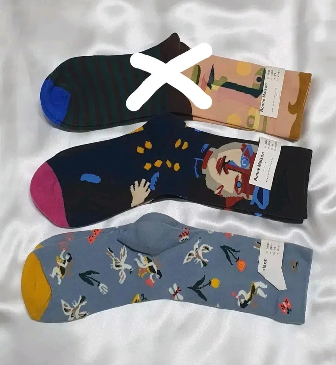 그린 네이비 블루 추상화 스트라이프 Bonne Maison 본메종 양말 상품이미지1