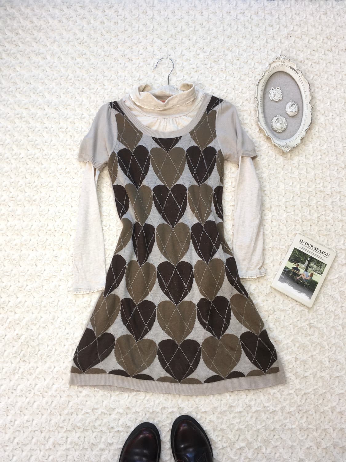 Set)하트 아가일 니트원피스 + 레이스풀오버 상품이미지5