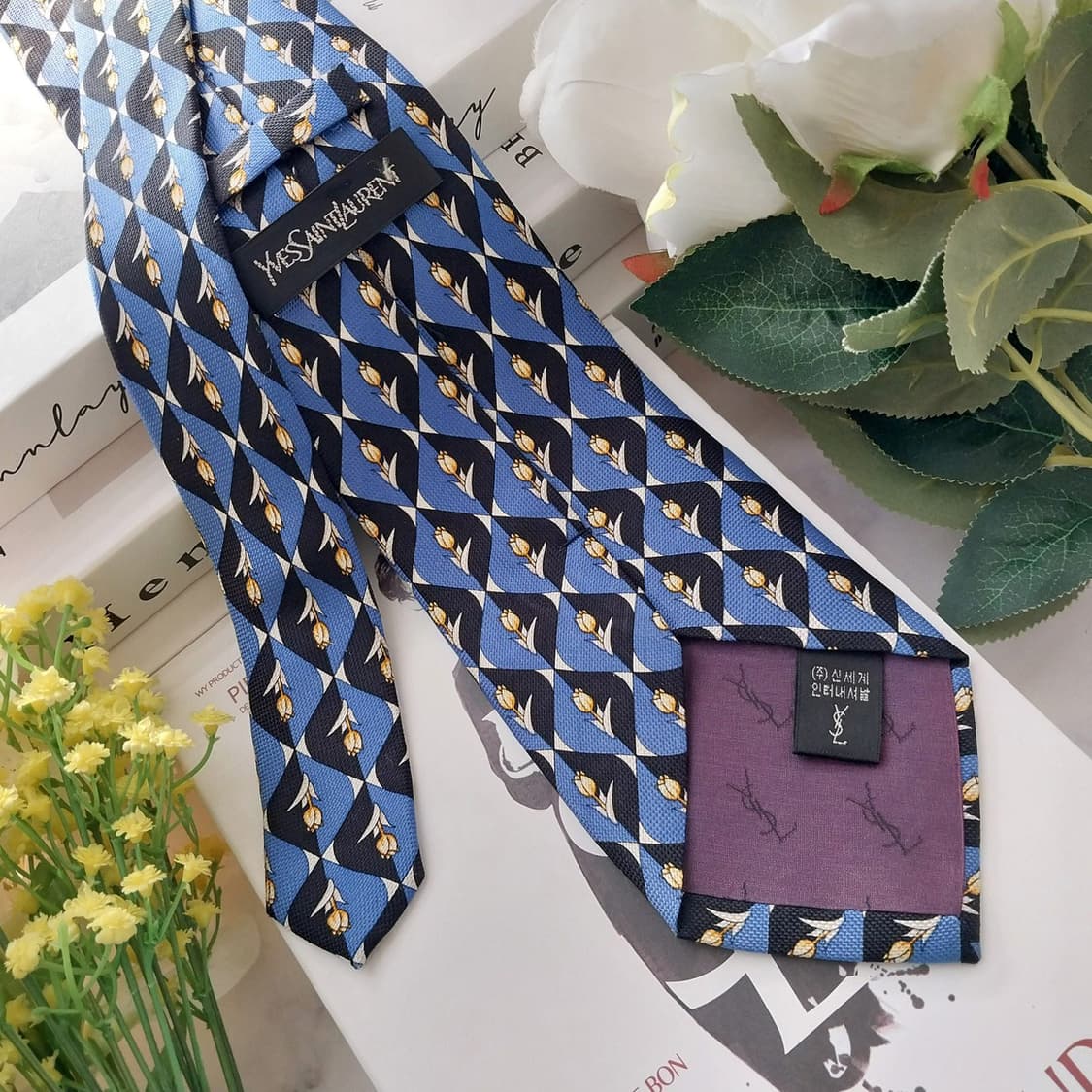 입생로랑 실크 블루&블랙 튤립 패턴 넥타이 9.2cm A+등급 K1324 상품이미지5
