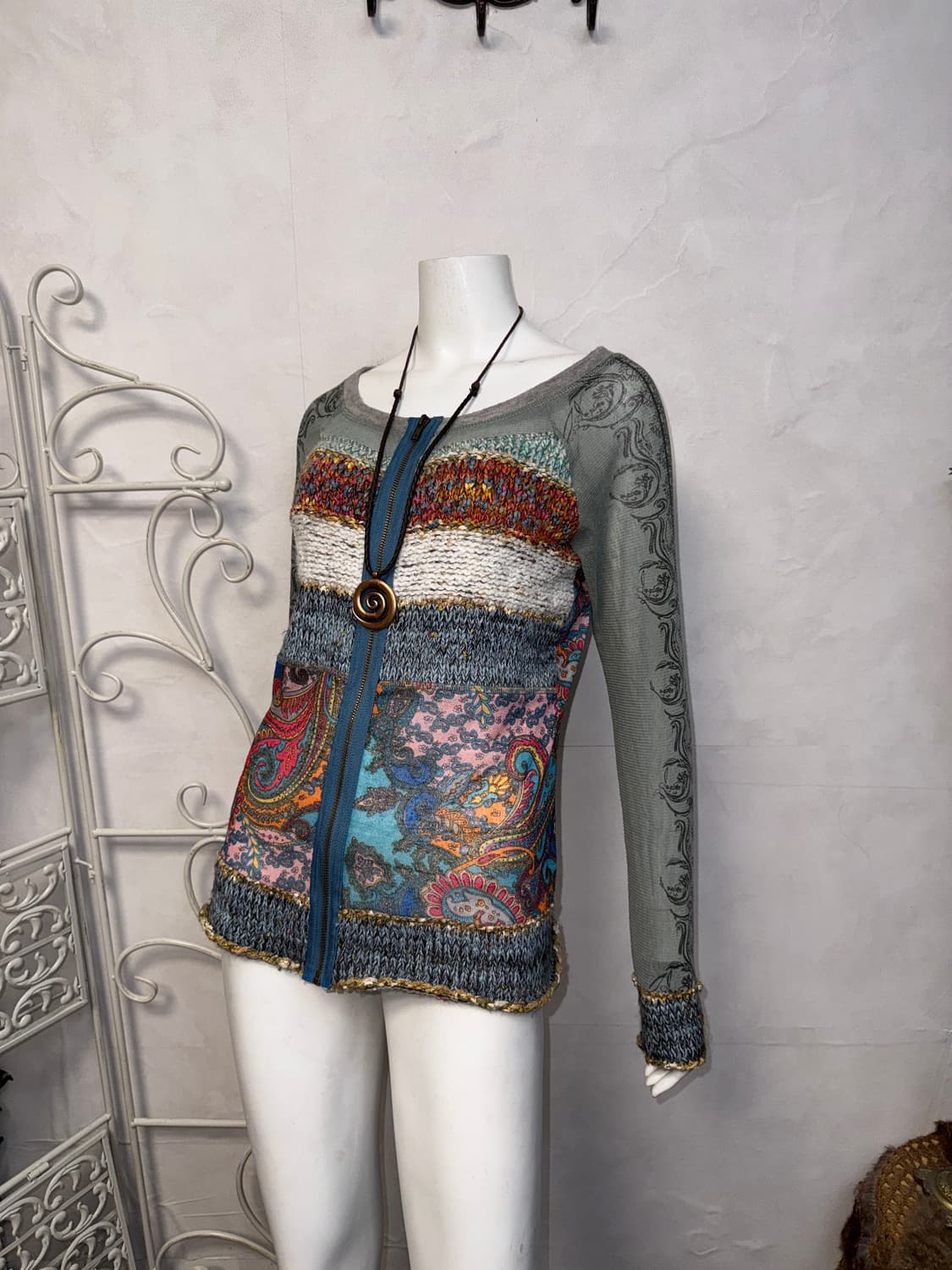 Ash blue hippie oriental mesh knit zipup 상품이미지2