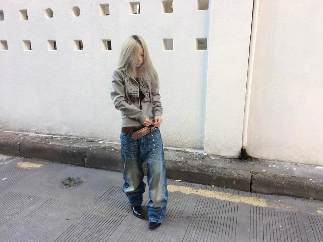 Blue Studded Washed Loose Jeans 상품이미지5