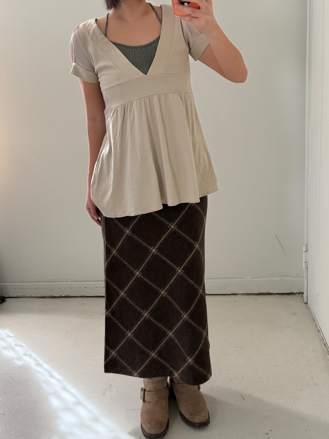 일본빈티지 브라운 체크 롱스커트 상품이미지4