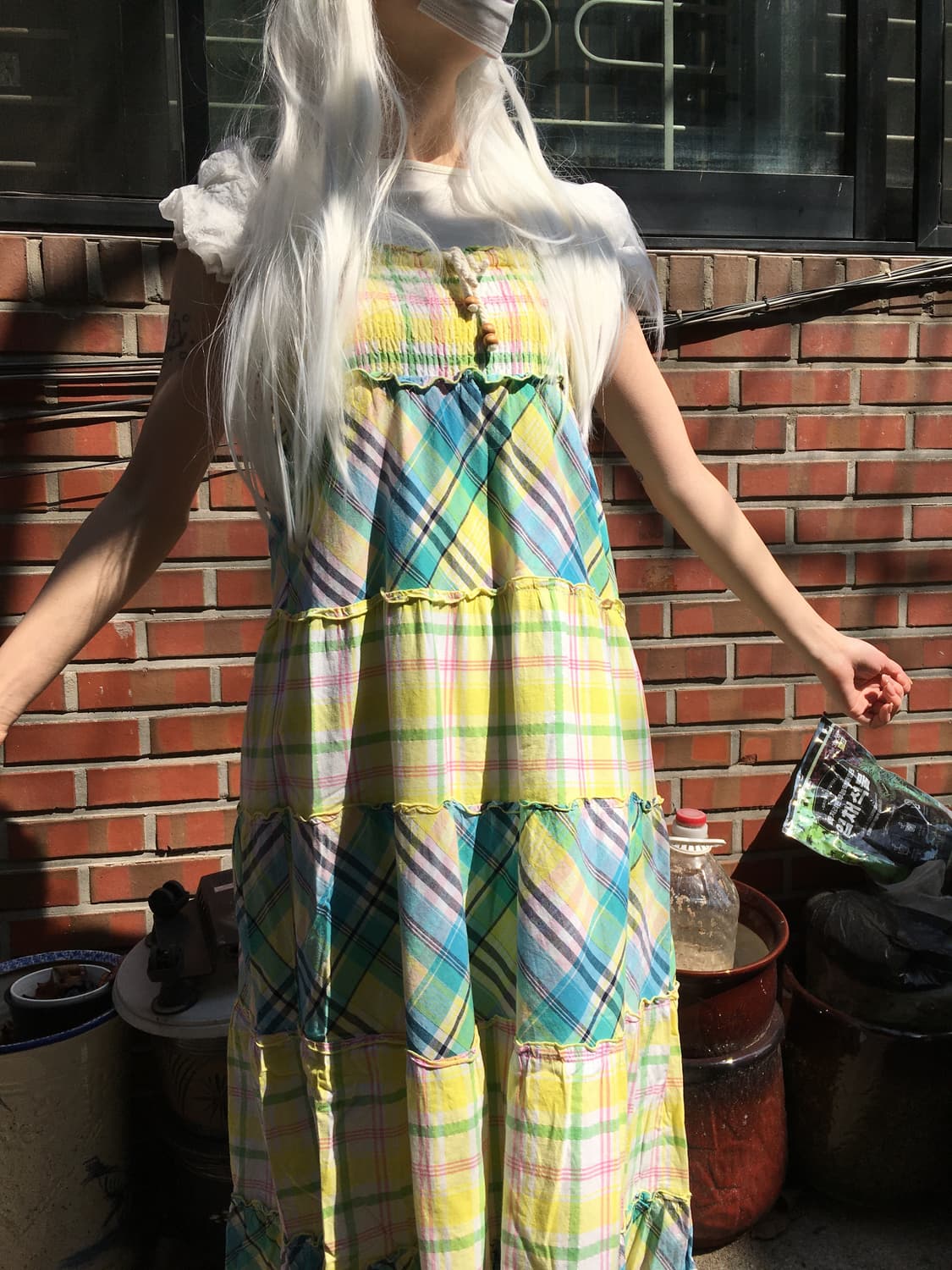 옐로우 체크 티어드 끈 원피스 상품이미지1