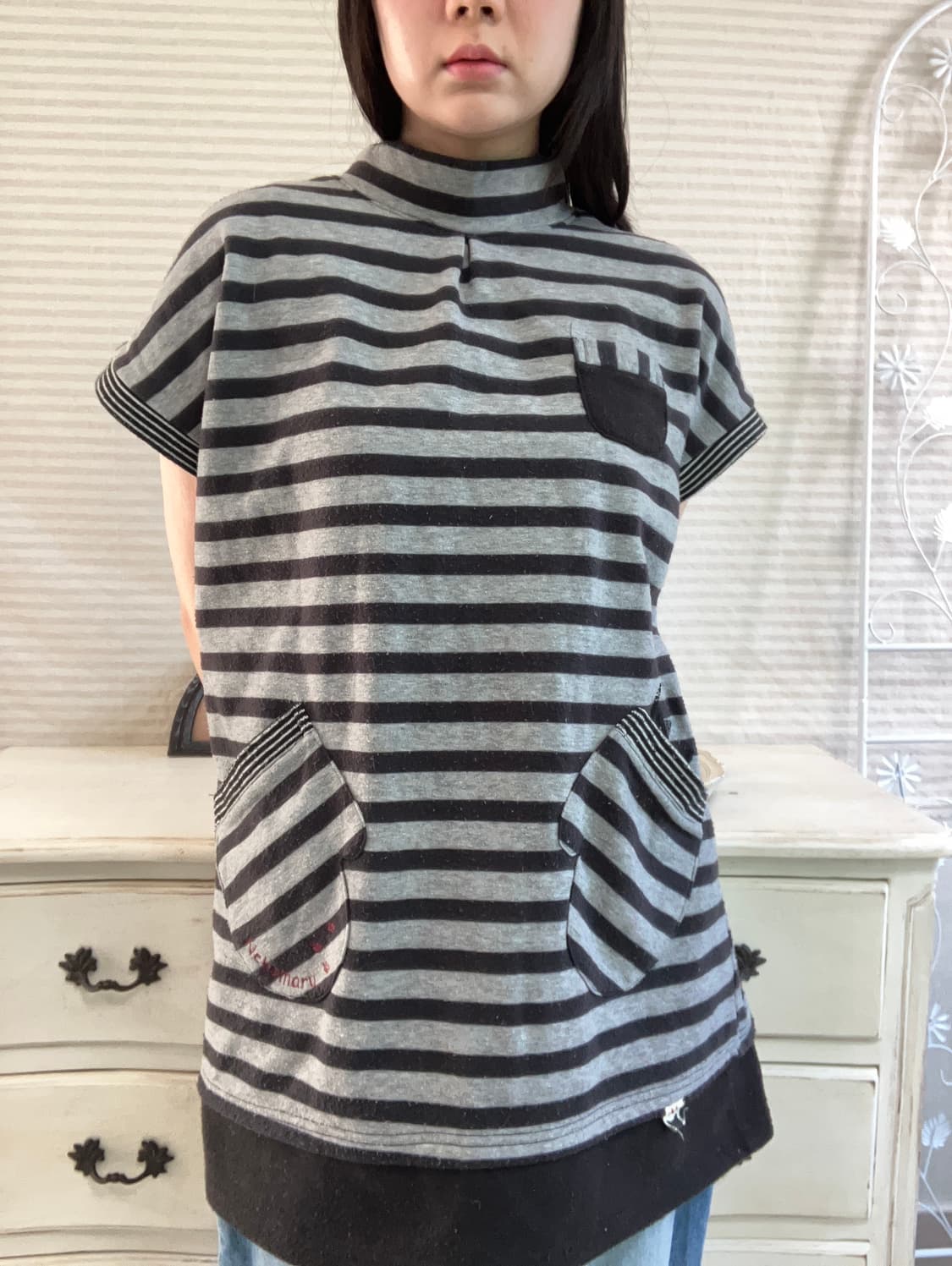 빈티지 차콜 스트라이프 반팔 y2k 스트릿 갸루 펑키 일본빈티지 상품이미지1