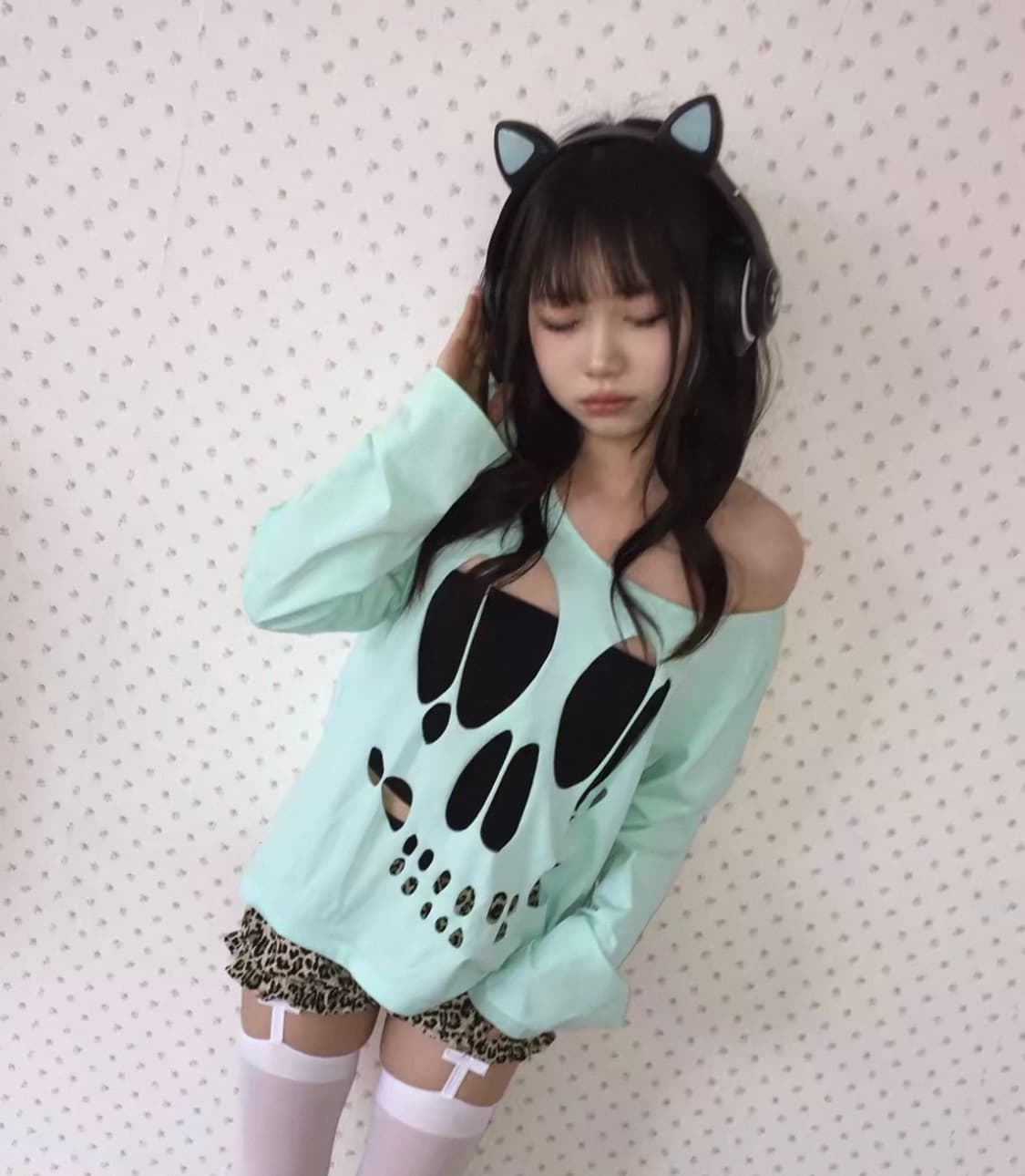 popbus 민트 해골 롱슬리브 티셔츠 그물 상품이미지1