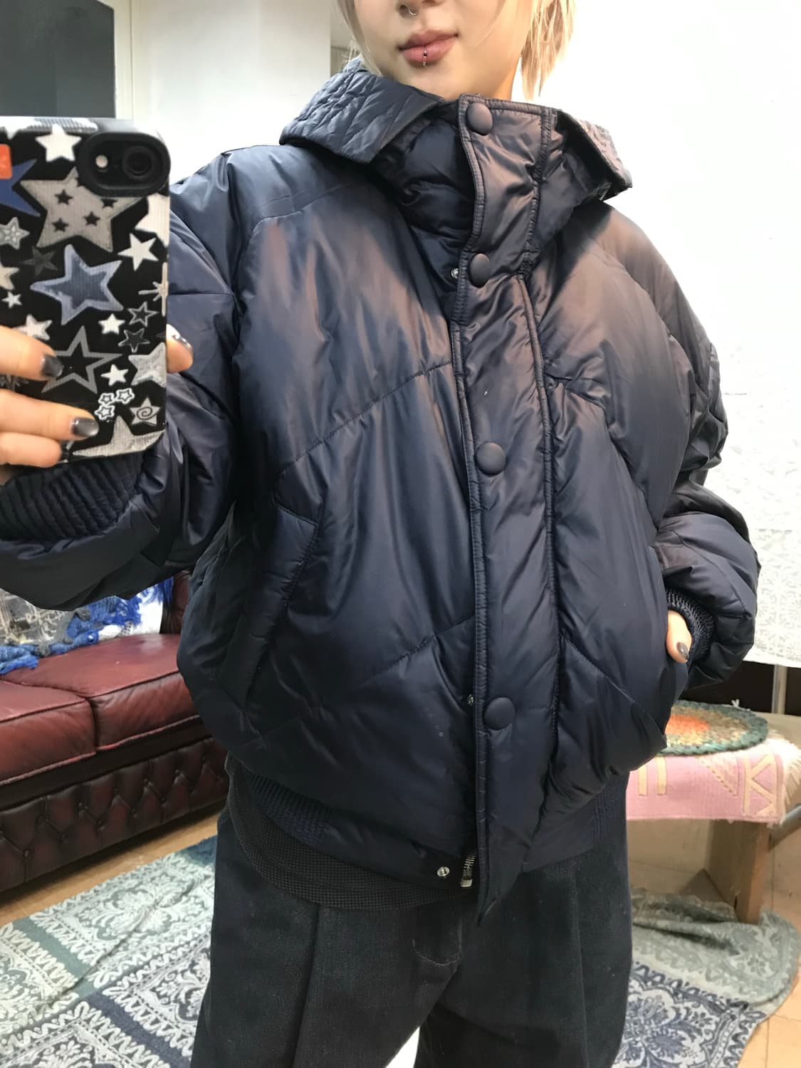 펠틱스 여성 버튼 네이비 후드패딩  상품이미지2