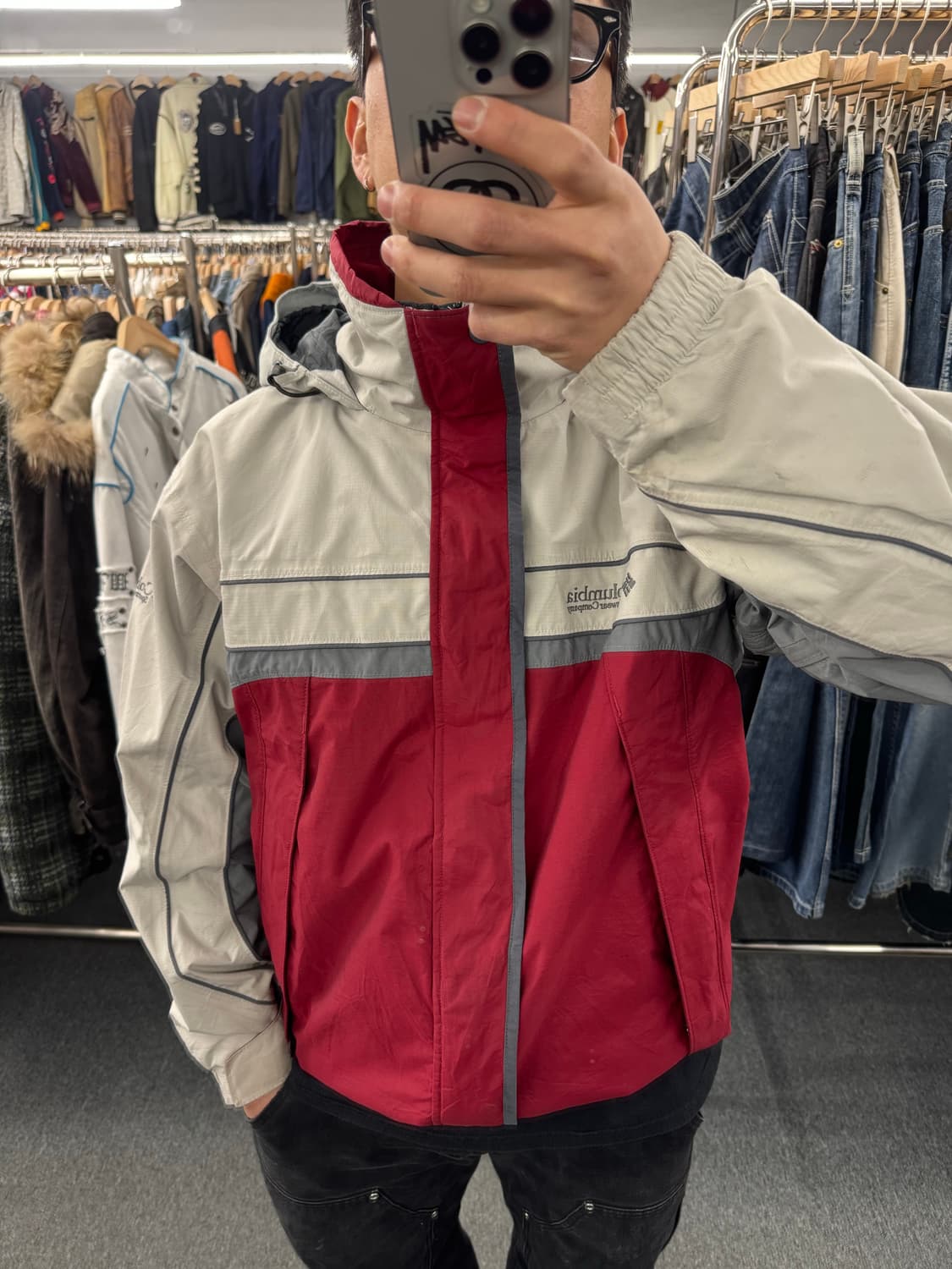 L)콜롬비아 빈티지 올드스쿨 그레이/버건디 배색 바람막이(수선) 상품이미지1