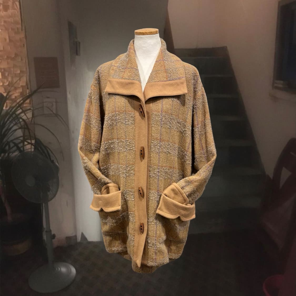 일본 빈티지 루즈핏 부클 빅 카라 체크 더플 울 자켓 투피스 셋업 상품이미지3