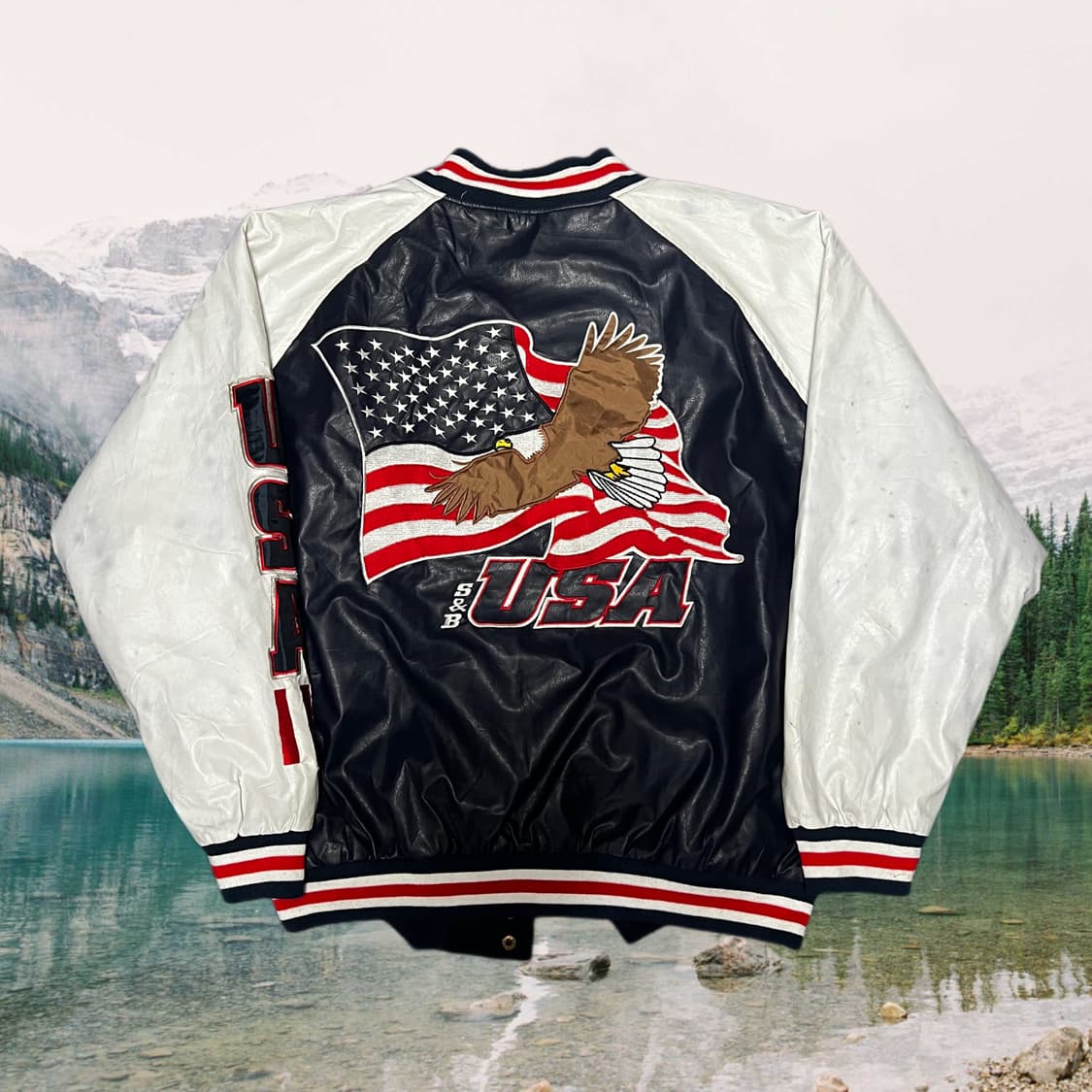 USA 성조기, 독수리 자수 소가죽 레더 바시티 상품이미지1