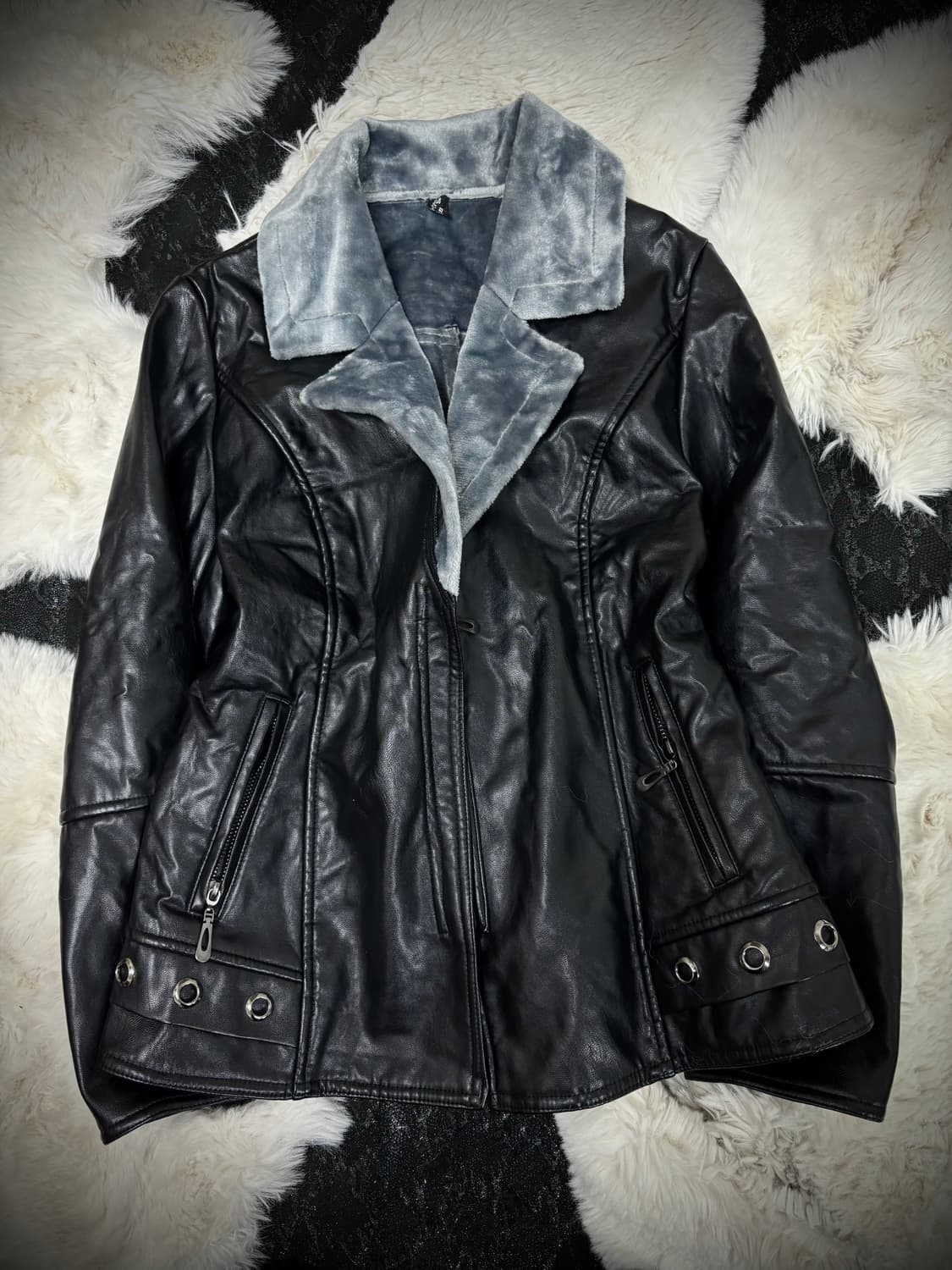 [00‘s]Dark Blue Fur Eyelet Detail Leathe 상품이미지7