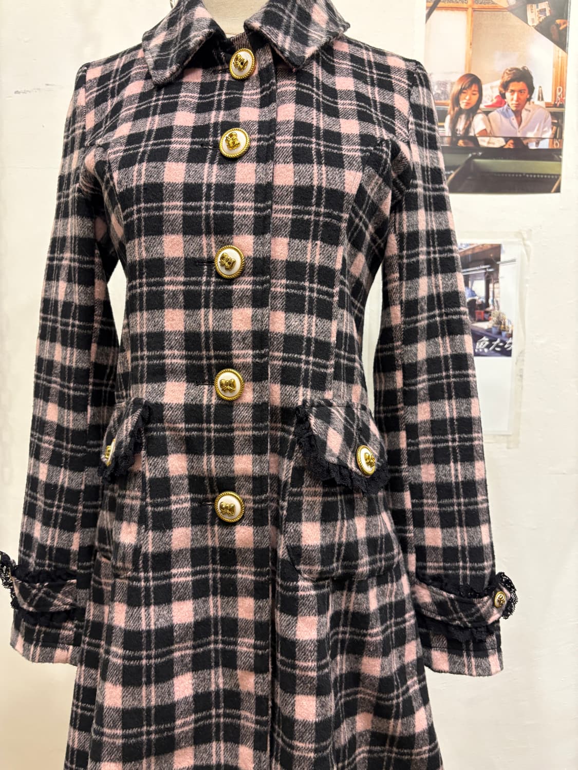 tralala 트랄랄라 리본 버튼 핑크 체크 코트 갸루 러블리 상품이미지6