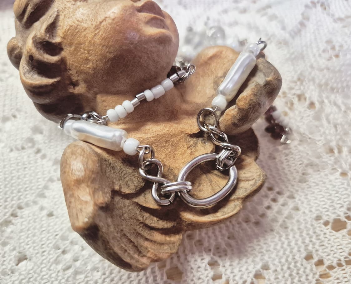 핸드메이드) 화이트 비즈 가넷 원석 토글바 목걸이 상품이미지3