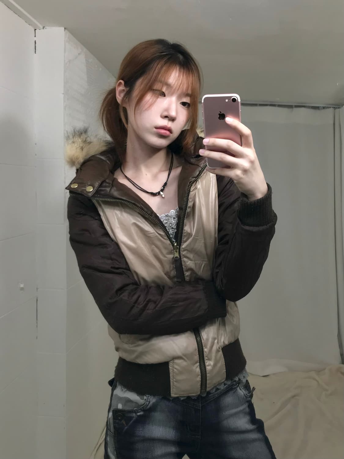 빈티지 글로시 딥 브라운 울프 리버시블 숏 패딩 상품이미지2